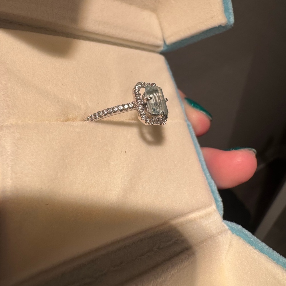 White Gold Aquamarine Ring w/ Diamond Halo and band - Picture 6 of 10